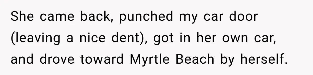 She came back, punched my car door (leaving a nice dent), got in her own car, and drove toward Myrtle Beach by herself.