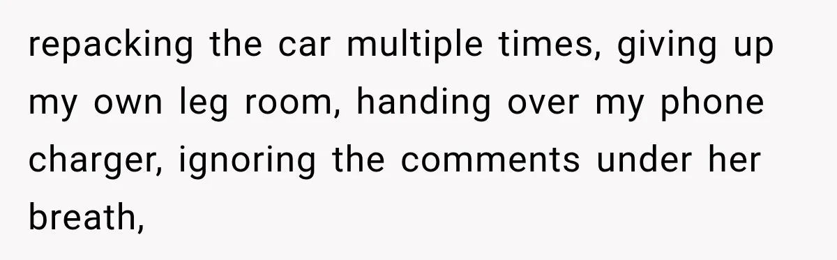 repacking the car multiple times, giving up my own leg room, handing over my phone charger, ignoring the comments under her breath,