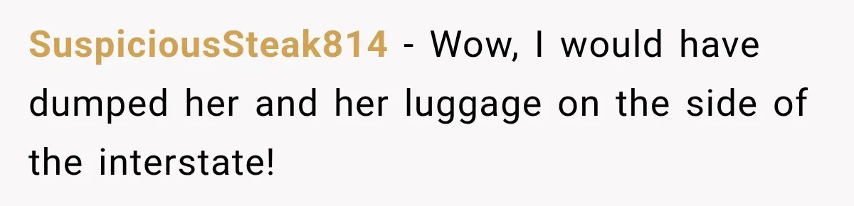 SuspiciousSteak814 − Wow, I would have dumped her and her luggage on the side of the interstate!
