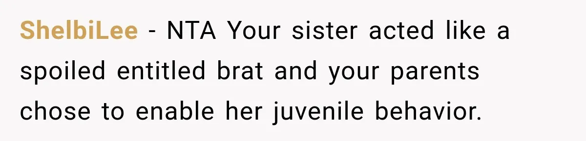 ShelbiLee − NTA Your sister acted like a spoiled entitled brat and your parents chose to enable her juvenile behavior.