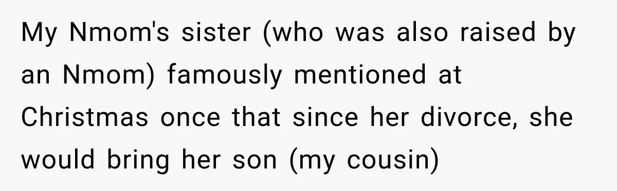 My Nmom's sister (who was also raised by an Nmom) famously mentioned at Christmas once that since her divorce, she would bring her son (my cousin)