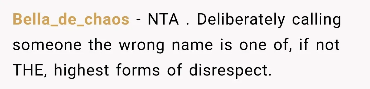 Bella_de_chaos − NTA . Deliberately calling someone the wrong name is one of, if not THE, highest forms of disrespect.