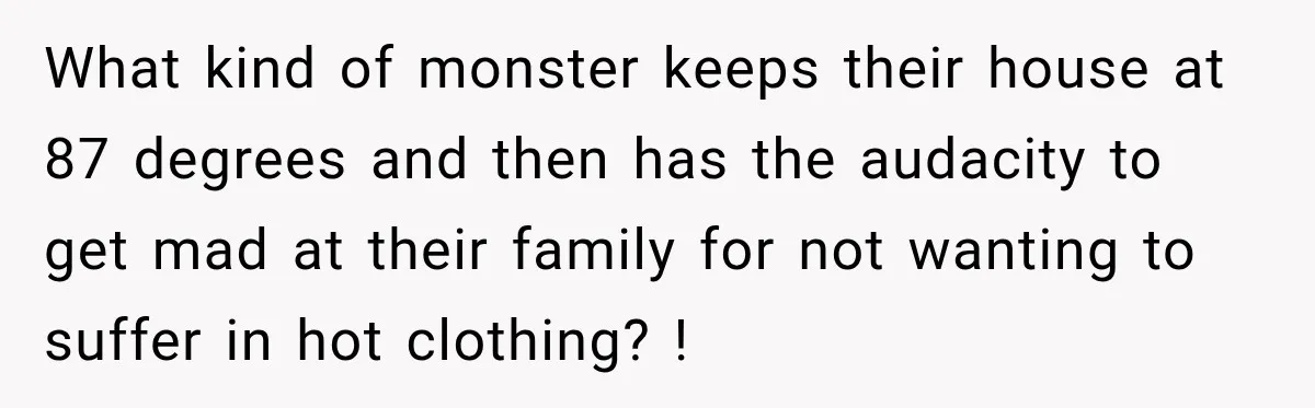 What kind of monster keeps their house at 87 degrees and then has the audacity to get mad at their family for not wanting to suffer in hot clothing? !