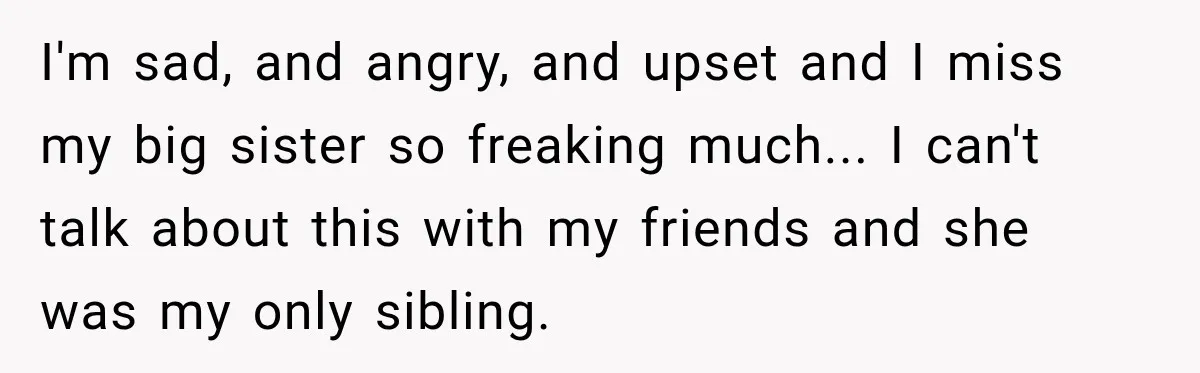 I'm sad, and angry, and upset and I miss my big sister so freaking much... I can't talk about this with my friends and she was my only sibling.