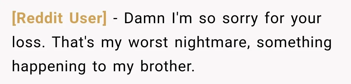 [Reddit User] − Damn I'm so sorry for your loss. That's my worst nightmare, something happening to my brother.