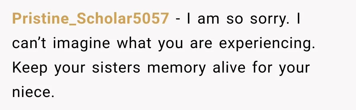 Pristine_Scholar5057 − I am so sorry. I can’t imagine what you are experiencing. Keep your sisters memory alive for your niece.