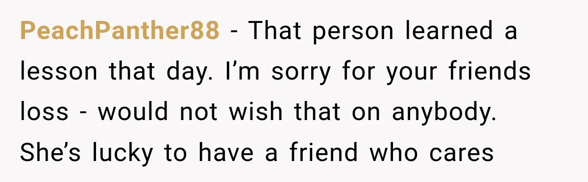 PeachPanther88 − That person learned a lesson that day. I’m sorry for your friends loss - would not wish that on anybody. She’s lucky to have a friend who cares