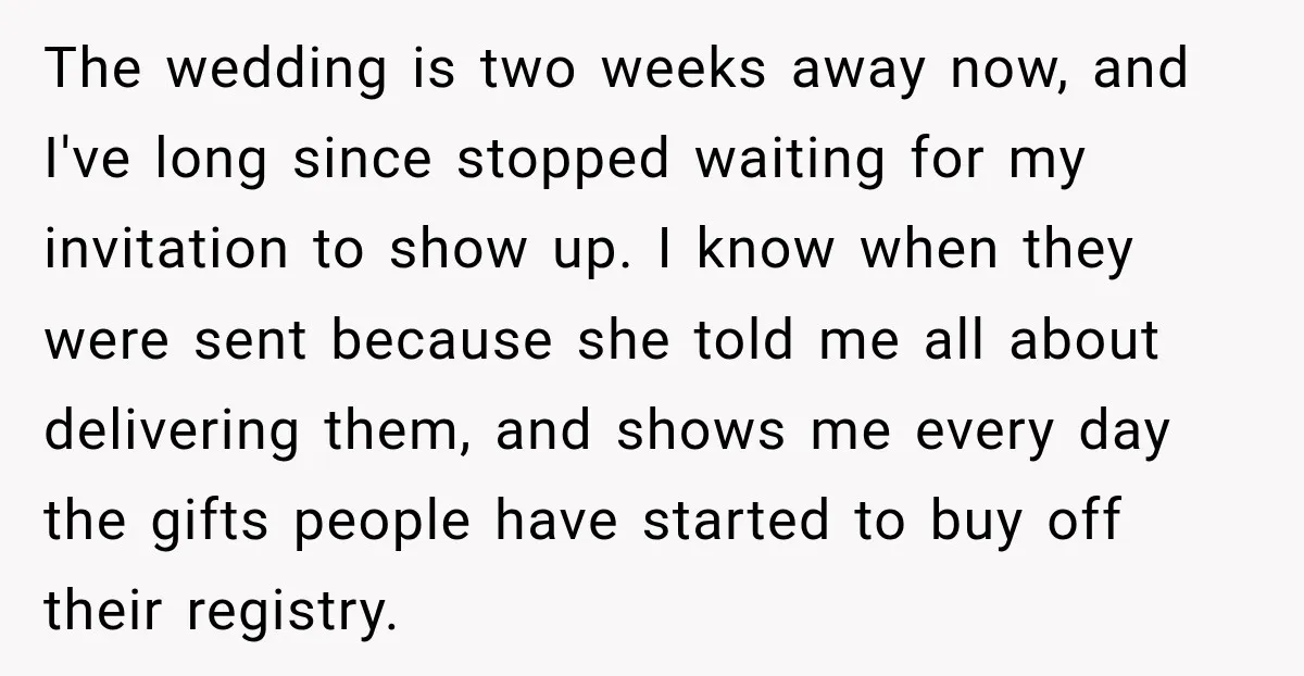 The wedding is two weeks away now, and I've long since stopped waiting for my invitation to show up. I know when they were sent because she told me all...