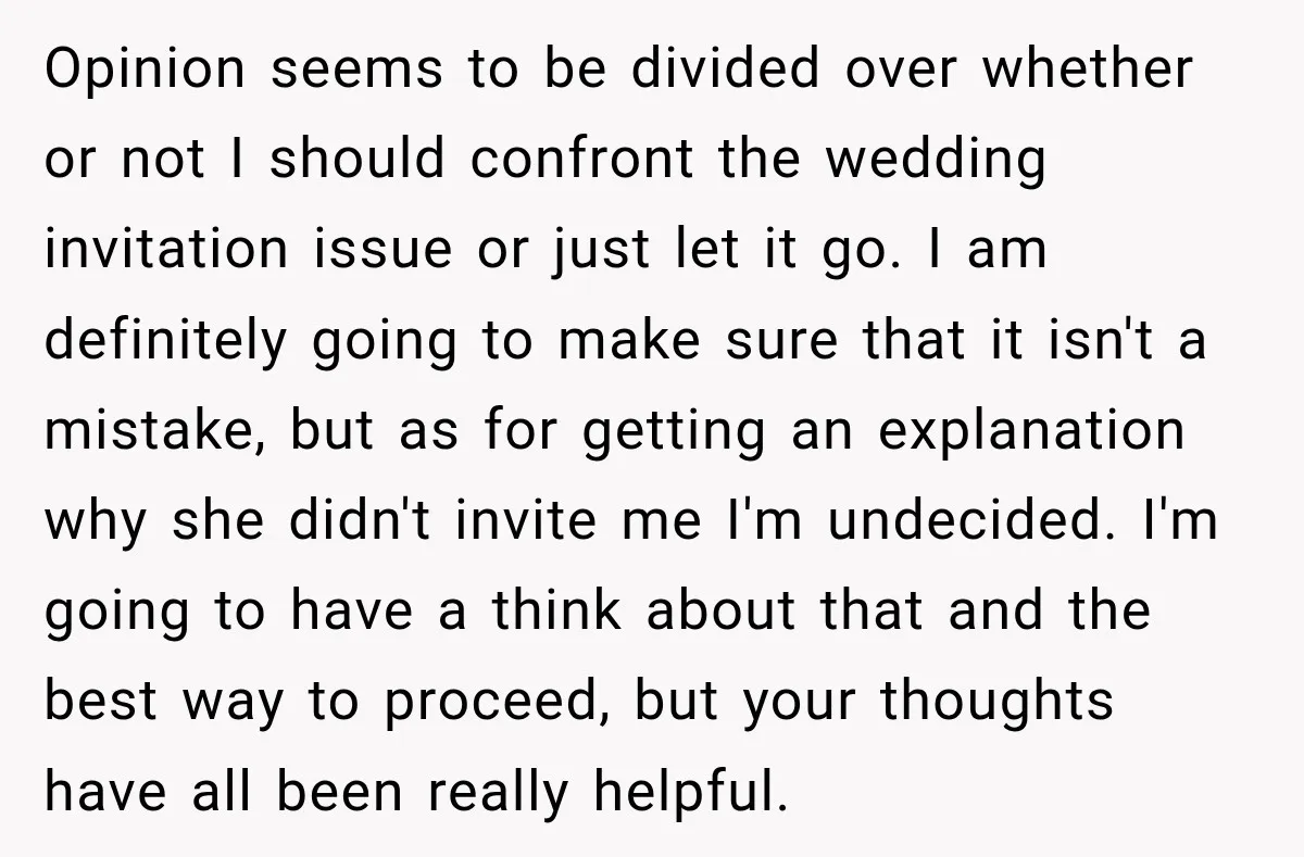 Opinion seems to be divided over whether or not I should confront the wedding invitation issue or just let it go. I am definitely going to make sure that it...