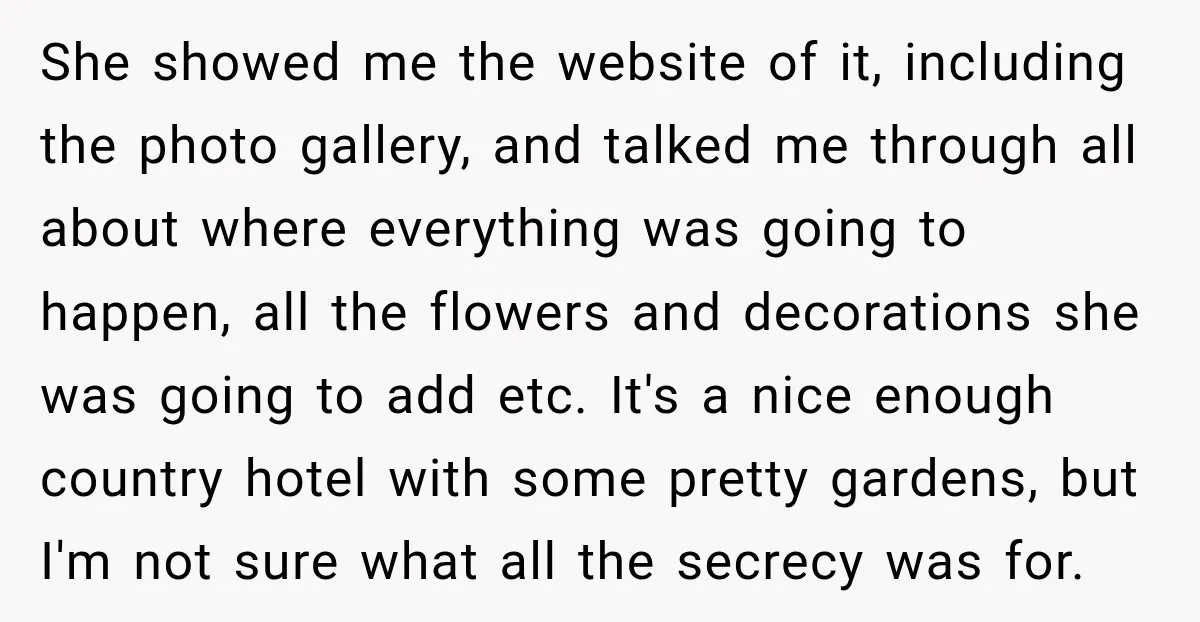She showed me the website of it, including the photo gallery, and talked me through all about where everything was going to happen, all the flowers and decorations she was...