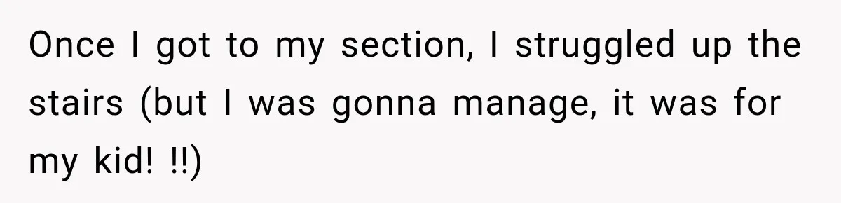 Once I got to my section, I struggled up the stairs (but I was gonna manage, it was for my kid! !!)