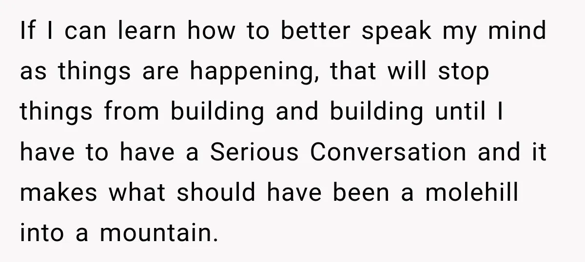 If I can learn how to better speak my mind as things are happening, that will stop things from building and building until I have to have a Serious Conversation...