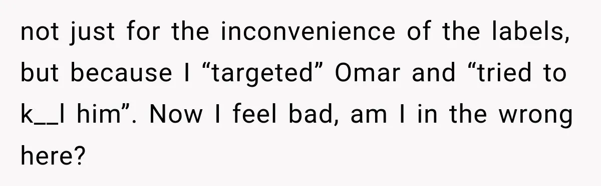 not just for the inconvenience of the labels, but because I “targeted” Omar and “tried to k__l him”. Now I feel bad, am I in the wrong here?