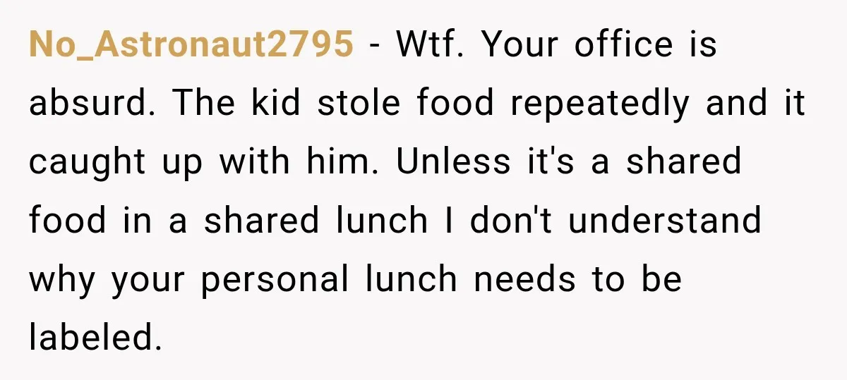 No_Astronaut2795 − Wtf. Your office is absurd. The kid stole food repeatedly and it caught up with him. Unless it's a shared food in a shared lunch I don't understand...