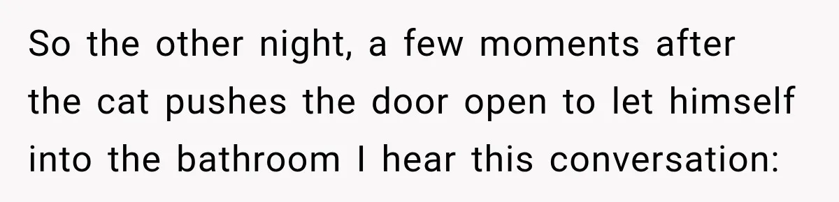 Tough Firefighter Has The Sweetest Conversation With A Cat During Bath Time So the other night, a few moments after the cat pushes the door open to let himself into the bathroom I hear this conversation: