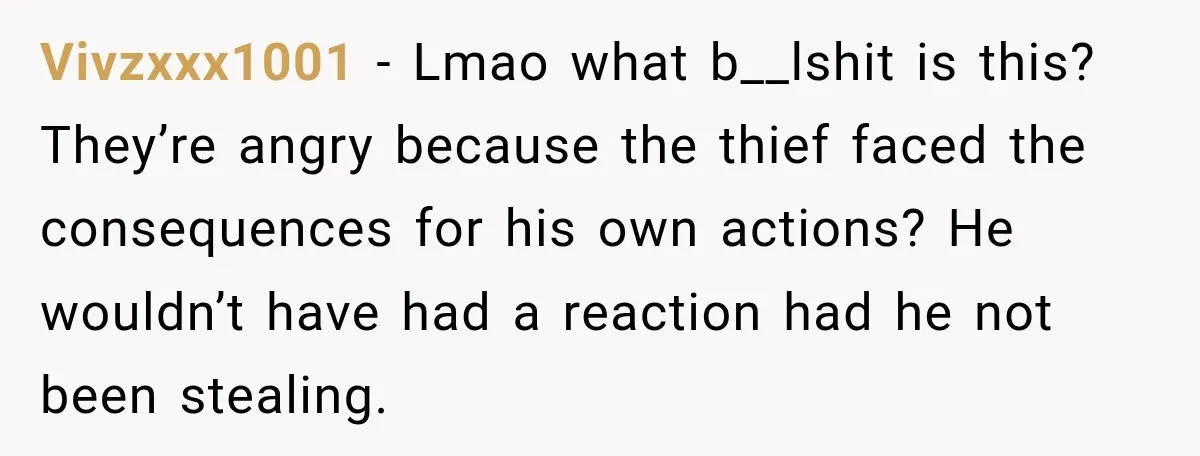 Vivzxxx1001 − Lmao what b__lshit is this? They’re angry because the thief faced the consequences for his own actions? He wouldn’t have had a reaction had he not been stealing.