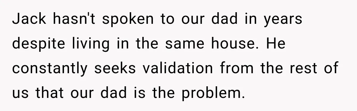 Woman Refuses To Let Brother Manage Her Money, And Reddit Says She Dodged A Disaster Jack hasn't spoken to our dad in years despite living in the same house. He constantly seeks validation from the rest of us that our dad is the problem.