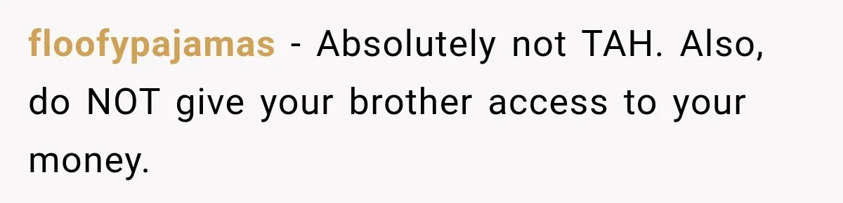 Woman Refuses To Let Brother Manage Her Money, And Reddit Says She Dodged A Disaster floofypajamas − Absolutely not TAH. Also, do NOT give your brother access to your money.