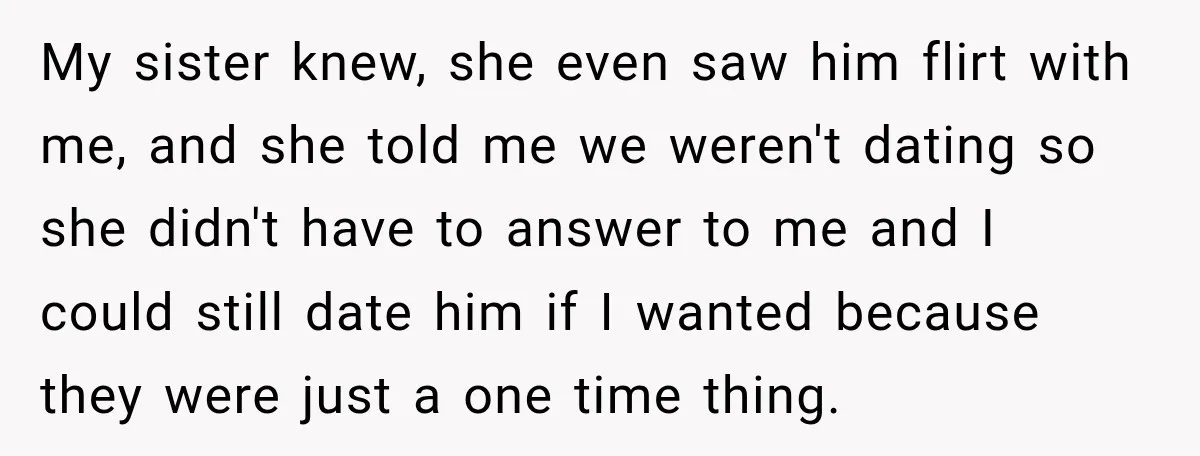 My sister knew, she even saw him flirt with me, and she told me we weren't dating so she didn't have to answer to me and I could still date...