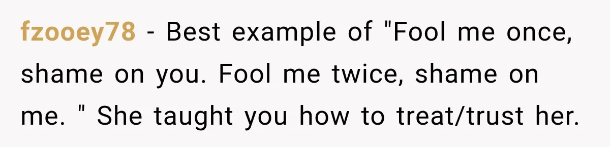 fzooey78 − Best example of "Fool me once, shame on you. Fool me twice, shame on me. " She taught you how to treat/trust her.