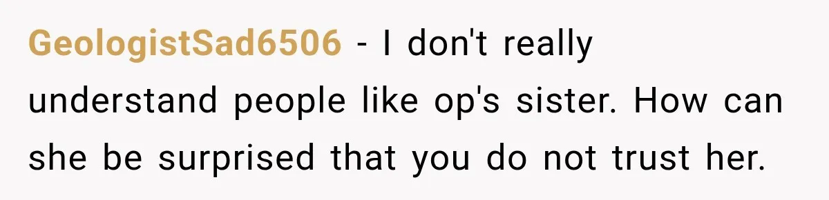 GeologistSad6506 − I don't really understand people like op's sister. How can she be surprised that you do not trust her.