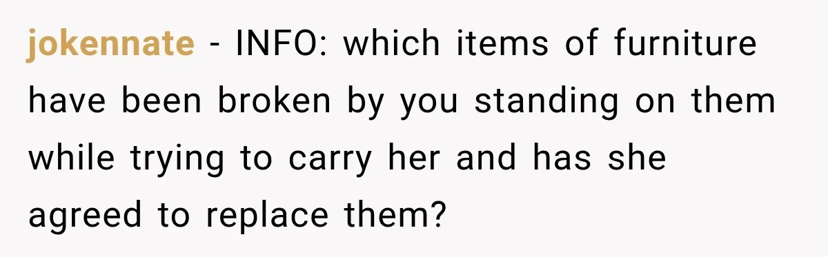 jokennate − INFO: which items of furniture have been broken by you standing on them while trying to carry her and has she agreed to replace them?