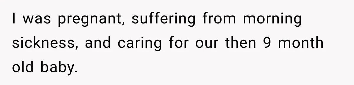 I was pregnant, suffering from morning sickness, and caring for our then 9 month old baby.