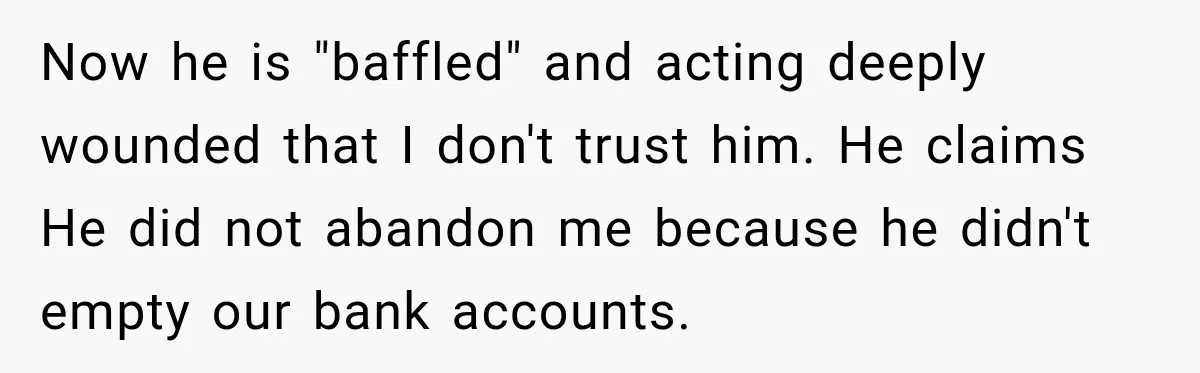 Now he is "baffled" and acting deeply wounded that I don't trust him. He claims He did not abandon me because he didn't empty our bank accounts.