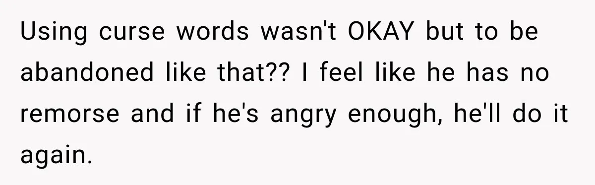 Using curse words wasn't OKAY but to be abandoned like that?? I feel like he has no remorse and if he's angry enough, he'll do it again.
