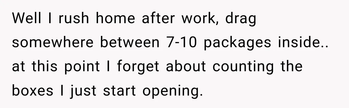 Well I rush home after work, drag somewhere between 7-10 packages inside.. at this point I forget about counting the boxes I just start opening.
