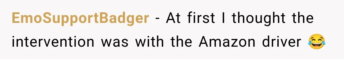 EmoSupportBadger − At first I thought the intervention was with the Amazon driver 😂
