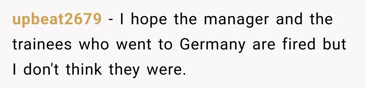 upbeat2679 − I hope the manager and the trainees who went to Germany are fired but I don't think they were.