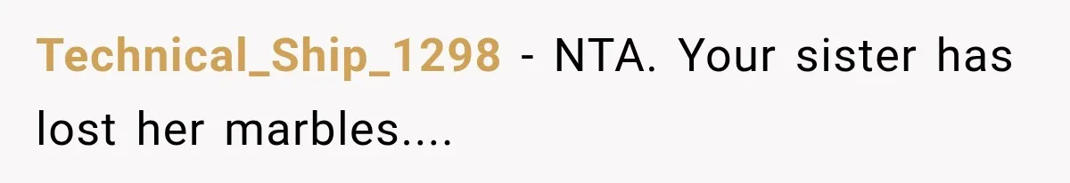 Technical_Ship_1298 − NTA. Your sister has lost her marbles....
