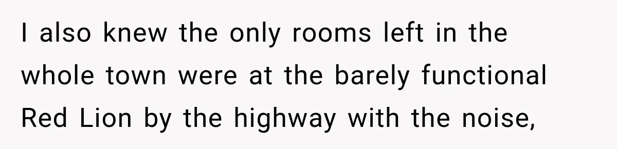 I also knew the only rooms left in the whole town were at the barely functional Red Lion by the highway with the noise,