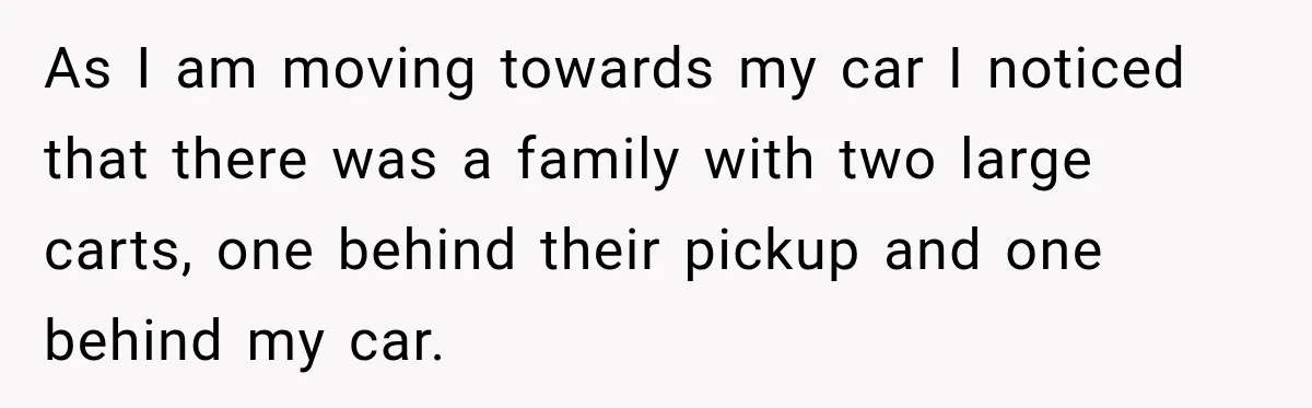 As I am moving towards my car I noticed that there was a family with two large carts, one behind their pickup and one behind my car.