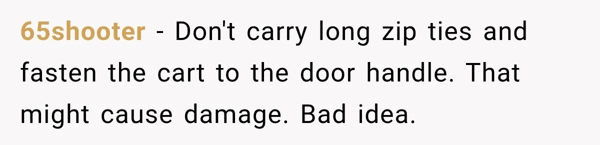 65shooter − Don't carry long zip ties and fasten the cart to the door handle. That might cause damage. Bad idea.