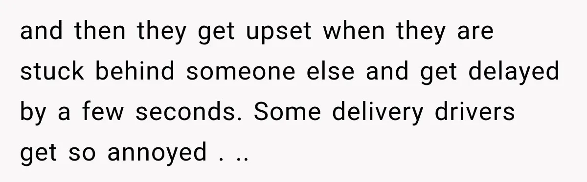 and then they get upset when they are stuck behind someone else and get delayed by a few seconds. Some delivery drivers get so annoyed . ..