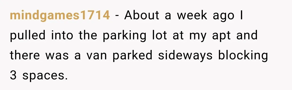 mindgames1714 − About a week ago I pulled into the parking lot at my apt and there was a van parked sideways blocking 3 spaces.
