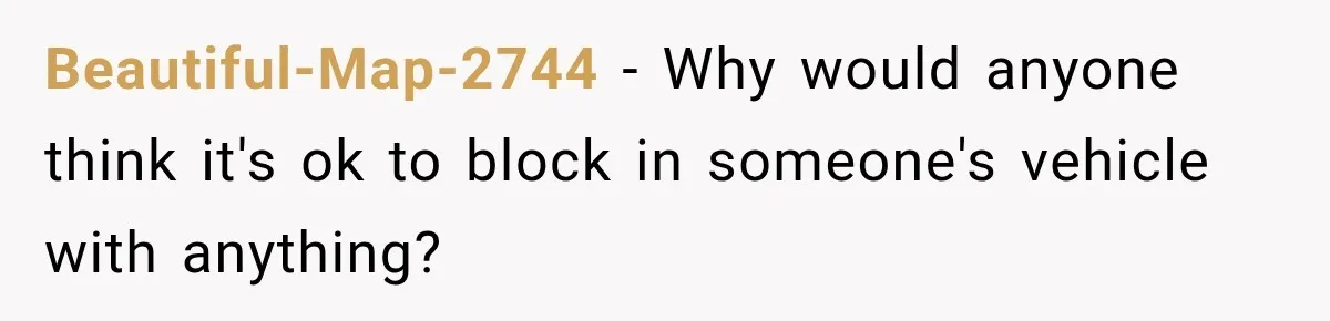 Beautiful-Map-2744 − Why would anyone think it's ok to block in someone's vehicle with anything?
