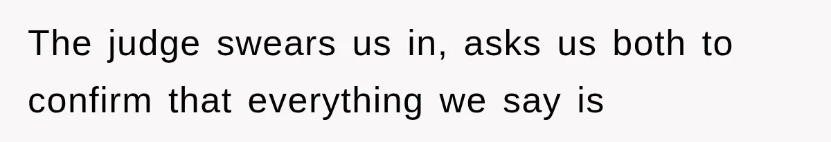 The judge swears us in, asks us both to confirm that everything we say is