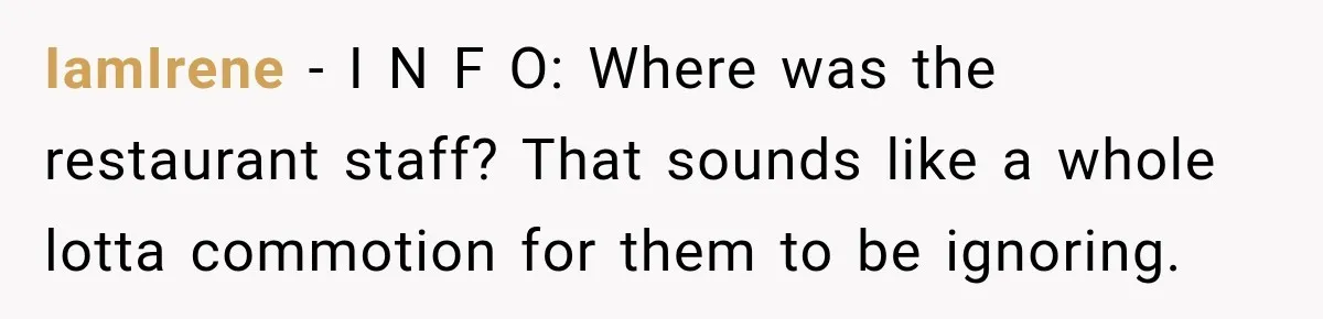 IamIrene − I N F O: Where was the restaurant staff? That sounds like a whole lotta commotion for them to be ignoring.