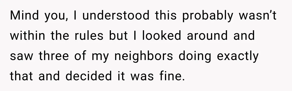 Mind you, I understood this probably wasn’t within the rules but I looked around and saw three of my neighbors doing exactly that and decided it was fine.