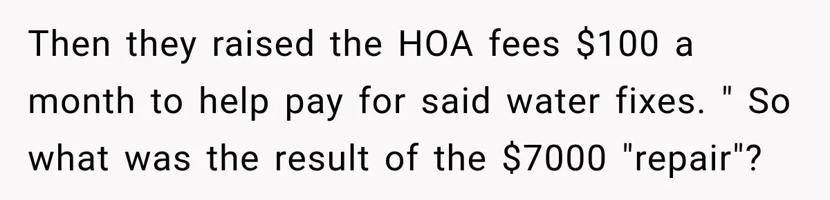 Then they raised the HOA fees $100 a month to help pay for said water fixes. " So what was the result of the $7000 "repair"?