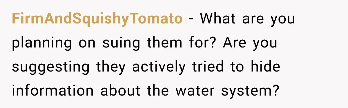FirmAndSquishyTomato − What are you planning on suing them for? Are you suggesting they actively tried to hide information about the water system?