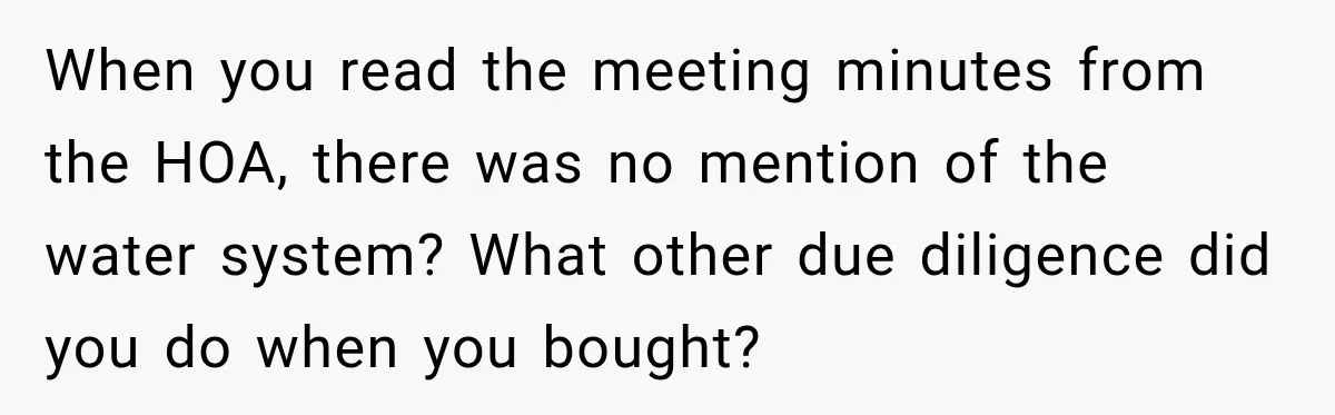When you read the meeting minutes from the HOA, there was no mention of the water system? What other due diligence did you do when you bought?