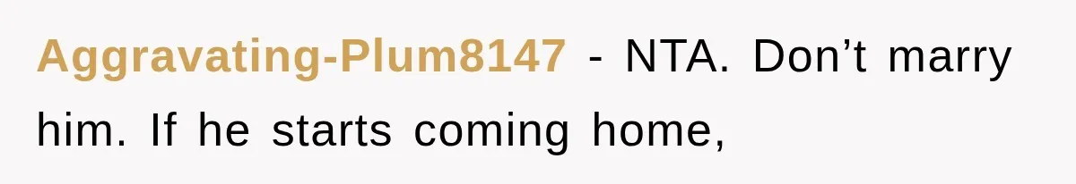 Aggravating-Plum8147 − NTA. Don’t marry him. If he starts coming home,
