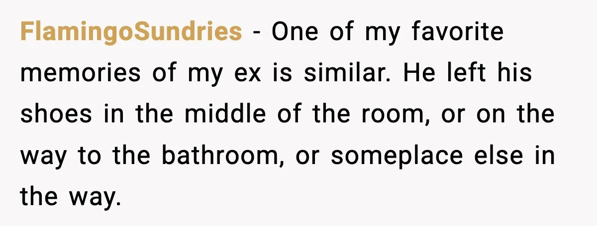 FlamingoSundries − One of my favorite memories of my ex is similar. He left his shoes in the middle of the room, or on the way to the bathroom, or...