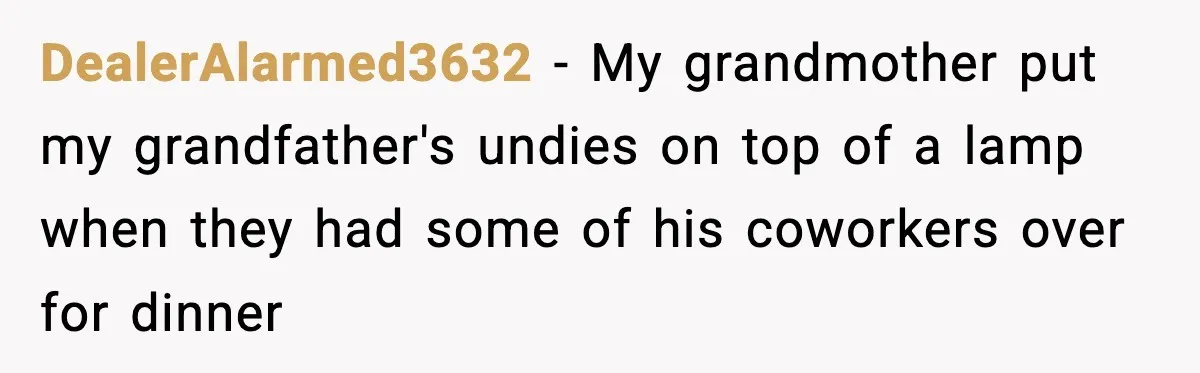 DealerAlarmed3632 − My grandmother put my grandfather's undies on top of a lamp when they had some of his coworkers over for dinner