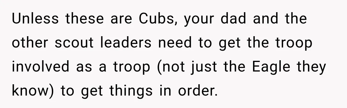 Unless these are Cubs, your dad and the other scout leaders need to get the troop involved as a troop (not just the Eagle they know) to get things in...