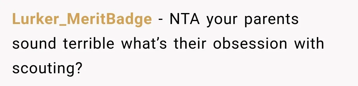 Lurker_MeritBadge − NTA your parents sound terrible what’s their obsession with scouting?